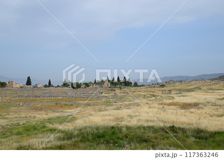 Antique ruins and limestone blocks in Hierapolis, Turkey. Ancient city. 117363246