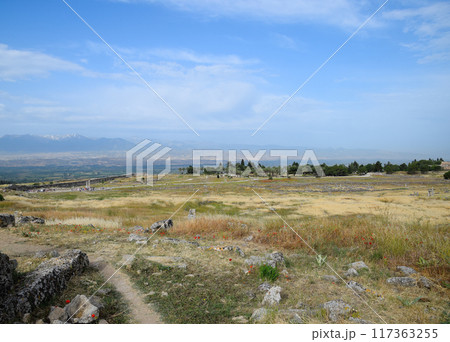 Antique ruins and limestone blocks in Hierapolis, Turkey. Ancient city. Antique ruins and limestone blocks in Hierapolis, Turkey. Ancient city. 117363255