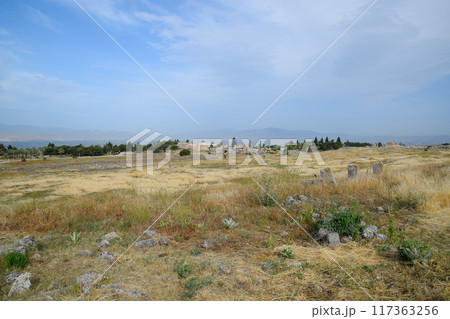 Antique ruins and limestone blocks in Hierapolis, Turkey. Ancient city. Antique ruins and limestone blocks in Hierapolis, Turkey. Ancient city. 117363256