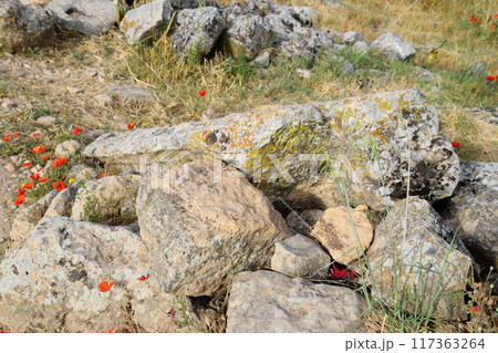 Fragments of ancient buildings, ruins of the ancient city of Hierapolis. Stone blocks with traces of stone machining. Fragments of ancient buildings, ruins of the ancient city of Hierapolis. Stone blocks with traces of stone machining. 117363264