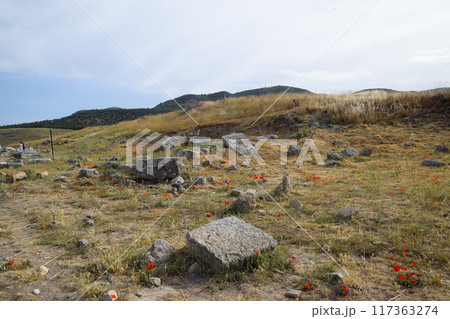 Fragments of ancient buildings, ruins of the ancient city of Hierapolis. Stone blocks with traces of stone machining. Fragments of ancient buildings, ruins of the ancient city of Hierapolis. Stone blocks with traces of stone machining. 117363274