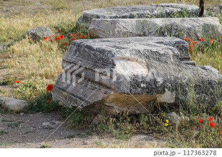 Fragments of ancient buildings, ruins of the ancient city of Hierapolis. Stone blocks with traces of stone machining. Fragments of ancient buildings, ruins of the ancient city of Hierapolis. Stone blocks with traces of stone machining. 117363278
