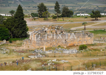 Antique ruins and limestone blocks in Hierapolis, Turkey. Ancient city. 117363327