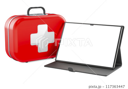 First aid kit and tablet computer with blank screen, 3D rendering First aid kit and tablet computer with blank screen, 3D rendering 117363447