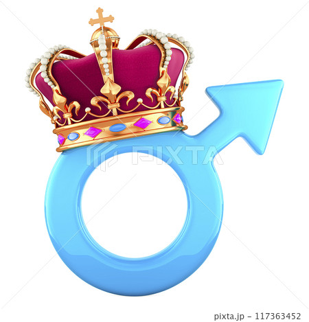 Male gender symbol with golden crown. 3D rendering 117363452