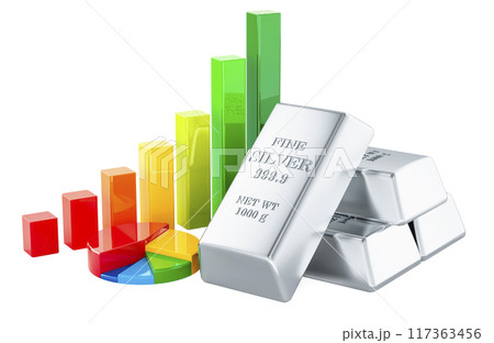 Silver ingots with growth bar graph and pie chart, 3D rendering 117363456