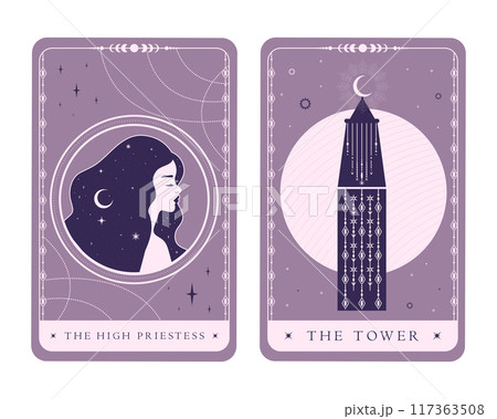 Magical celestial tarot cards of Major Arcana. Tarot symbols The High Priestess and The Tower. Mystery, astrology, alchemy. Vector illustration 117363508
