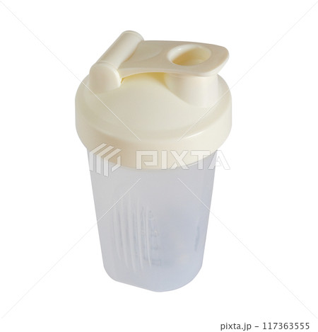 Empty white shaker bottle with metallic ball on white background. Empty white shaker bottle with metallic ball on white background. 117363555