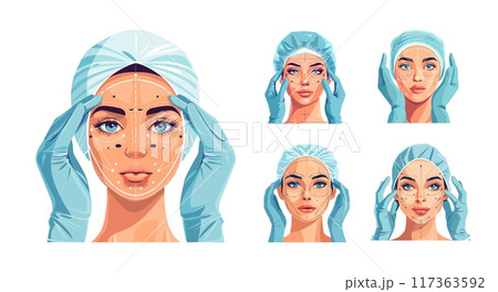 Skincare treatment cartoon vector concepts Woman headband gloves facial mapping beauty cosmetology procedure aesthetic dermatology therapy isolated artworks 117363592