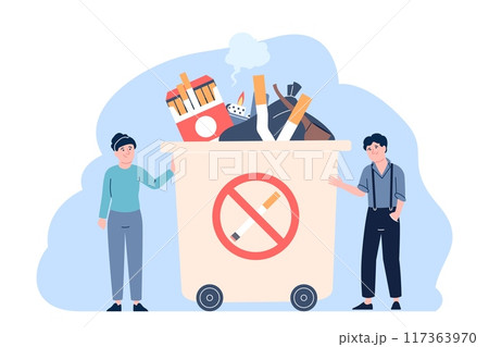 Stop smoking concept. Man woman throw cigarettes in trash can, giving up unhealthy bad habit. Smoke addiction win, flat recent vector scene Stop smoking concept. Man woman throw cigarettes in trash can, giving up unhealthy bad habit. Smoke addiction win, flat recent vector scene 117363970