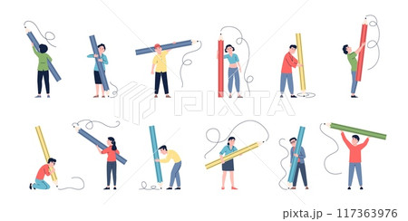 People drawing with big pencil. Men women writing signs documents. Business person, student or pupil, teacher or manager, recent vector flat set People drawing with big pencil. Men women writing signs documents. Business person, student or pupil, teacher or manager, recent vector flat set 117363976
