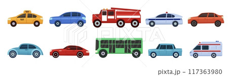 City transport set. Personal urban cars and public vehicle icons. Flat special car, ambulance police taxi and fire truck. Bus and automobile, nowaday vector set City transport set. Personal urban cars and public vehicle icons. Flat special car, ambulance police taxi and fire truck. Bus and automobile, nowaday vector set 117363980