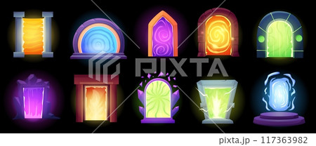 Magic fantasy gates. Different mystical wooden gemstones and stones entrances. Fantastical portals and doors in fairy world, game nowaday vector set Magic fantasy gates. Different mystical wooden gemstones and stones entrances. Fantastical portals and doors in fairy world, game nowaday vector set 117363982