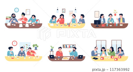 Office lunch time. People eating together noodles pizza burgers and drink coffee. Employees dinner, friendly coworking groups, recent vector scene Office lunch time. People eating together noodles pizza burgers and drink coffee. Employees dinner, friendly coworking groups, recent vector scene 117363992