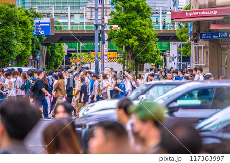 日本の東京都市景観 インバウンド復活…外国人観光客らで賑わう秋葉原。奥に秋葉原駅や電車＝22日 117363997