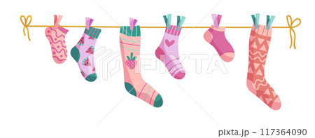 Clothesline socks. Socks on a rope, Baby socks with patterns vector cartoon. 117364090