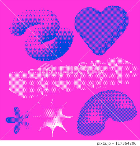 Universal trendy geometric 3d shapes set - twirl, heart, half ring and word Bitmap. Vector pixelated illustration in 80s style Universal trendy geometric 3d shapes set - twirl, heart, half ring and word Bitmap. Vector pixelated illustration in 80s style 117364206