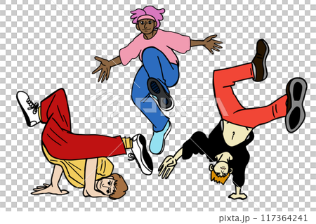 ブレイクダンスを楽しむ人々が全身で踊りジャンプしたり決めポーズをしている 117364241