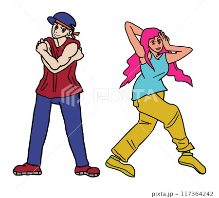男女2人のダンサーがキメポーズを取っている全身の絵 男女2人のダンサーがキメポーズを取っている全身の絵 117364242