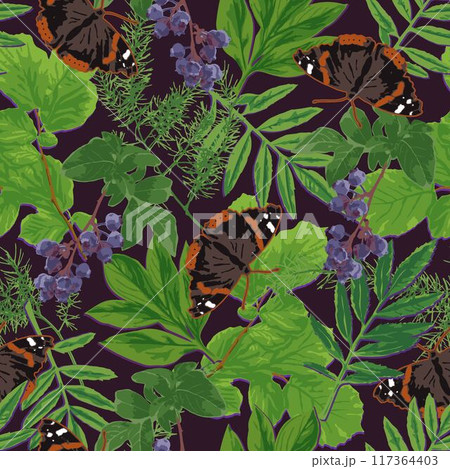 Dark summer seamless pattern with green lush foliage, leaves, bunches of ripe blueberries, admiral butterfly. Floral botanical background. 117364403