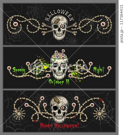 Set of Halloween banners, borders with bones, skull with red eyeball, spiderwebs. For horizontal holiday poster, invitation, header for website, social media, prints Not AI Set of Halloween banners, borders with bones, skull with red eyeball, spiderwebs. For horizontal holiday poster, invitation, header for website, social media, prints Not AI 117364415