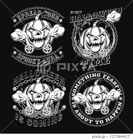 Set of labels in steampunk style with halloween pumpkin, gears, chains, text. Creative fantasy concept. Infernal black and white illustrations in vintage style. 117364427