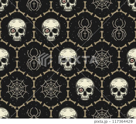 Geometric Halloween pattern with bones, half skull without jaw, spider, spider web, red eyeball. Textured dark background, hexagonal grid pattern. Vintage style. 117364429