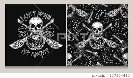 Halloween pattern, label with witch cauldron with bubbling potion, half skull, criss crossed brooms, silhouette of bat, distorted silhouette of spider web, bones, little stars Not AI Halloween pattern, label with witch cauldron with bubbling potion, half skull, criss crossed brooms, silhouette of bat, distorted silhouette of spider web, bones, little stars Not AI 117364430