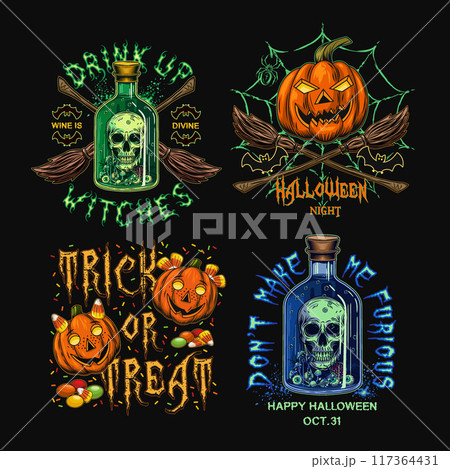 Labels with bottle with skull and poisonous potion, criss crossed brooms, spider web, pumpkin heads, text. Colorful witchy illustrations on black background in vintage style Labels with bottle with skull and poisonous potion, criss crossed brooms, spider web, pumpkin heads, text. Colorful witchy illustrations on black background in vintage style 117364431