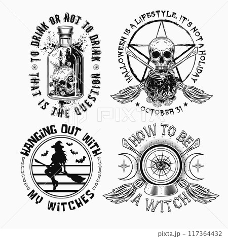 Labels with cauldron, skull, bottle with potion, magic ball, criss crossed brooms, pentagram sign, magic ball, wiccan signs, text. Black and white witchy illustrations on white in vintage style Labels with cauldron, skull, bottle with potion, magic ball, criss crossed brooms, pentagram sign, magic ball, wiccan signs, text. Black and white witchy illustrations on white in vintage style 117364432