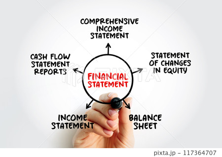 Types of Financial Statements - written records that convey the business activities and the financial performance of a company, mind map concept background 117364707