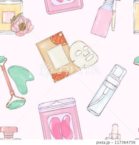 Self-care essentials, cosmetic bottles, tubes and jars hand drawn skin care seamless pattern 117364756