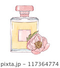 Perfume Glass Bottle with Peony Flower Hand drawn Illustration 117364774