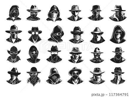 Thief Avatars Linocut Print Style Icons Set Black on White Background Criminal Characters Silhouettes Heist Robbery Thieves Masked Figures Stealth Burglary Secret Agents 117364791