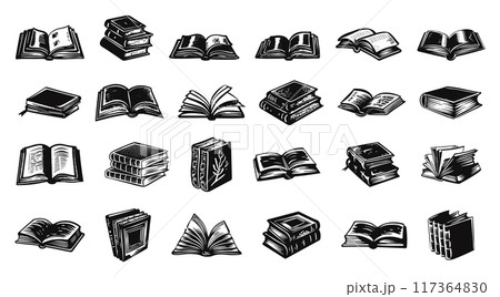 Opened Magic Books Linocut Print Style Icons Set Neat Thick Strokes and Shapes Black on White Background Fantasy Books Magical Tomes Spell Books Enchanted Literature Elements Opened Magic Books Linocut Print Style Icons Set Neat Thick Strokes and Shapes Black on White Background Fantasy Books Magical Tomes Spell Books Enchanted Literature Elements 117364830
