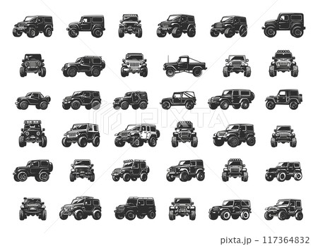 Offroad Cars Style Icons Set White Background 4x4 Vehicles All Terrain Trucks SUVs Adventure Travel Offroad Racing Outdoor Exploration Graphic Design Elements Offroad Cars Style Icons Set White Background 4x4 Vehicles All Terrain Trucks SUVs Adventure Travel Offroad Racing Outdoor Exploration Graphic Design Elements 117364832