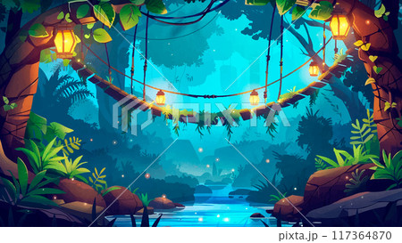 Forest Scene with Torch-Lit Suspension Bridge Background Cartoon Environment Illustration Enchanted Forest Suspended Bridge Torch Lights Woodland Pathway Adventure Setting 117364870