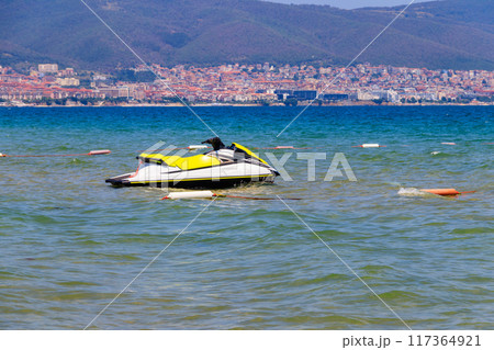 Empty watercraft on the Black sea of Sunny Beach, Bulgaria. Summer vacation concept 117364921