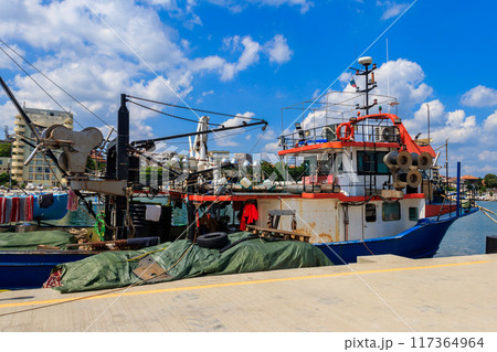 Fishing trawler in port in Pomorie, Bulgaria Fishing trawler in port in Pomorie, Bulgaria 117364964