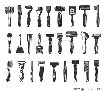 Beard and Moustache Styling Tools Linocut Style Icon Set Neat Thick Strokes and Shapes Black on White Background Grooming Tools Facial Hair Accessories Barber Equipment Elements 117364988