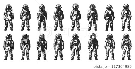 Astronaut Spacesuits Linocut Print Style Icons Set Neat Thick Strokes and Shapes Black on White Background Space Suits Astronaut Gear Space Exploration Equipment Galactic Icons 117364989