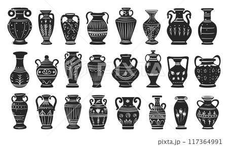 Ancient Amphoras Linocut Print Style Icons Set Neat Thick Strokes and Shapes Black on White Background Historical Vessels Pottery Artifacts Classic Design Ancient History Elements 117364991