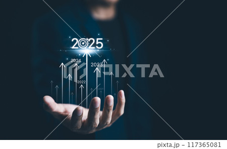 Businessman presents the year 2025 with ascending arrows representing yearly progress from 2021 to 2025, symbolizing business growth, future goals, and strategy planning. Challenge in the new year, Businessman presents the year 2025 with ascending arrows representing yearly progress from 2021 to 2025, symbolizing business growth, future goals, and strategy planning. Challenge in the new year, 117365081