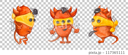 Carnival character. Cheerful three-eyed cartoon monster bright orange color with two pairs of ears, wings and tail. Isolated watercolor illustration. Halloween set Carnival character. Cheerful three-eyed cartoon monster bright orange color with two pairs of ears, wings and tail. Isolated watercolor illustration. Halloween set 117365111