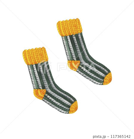Watercolor drawing of pair patterned socks isolated on white background. Hand drawn illustration of knitted object of yellow and gray color. Cozy homemade warm winter socks illustration. Handmade eco 117365142