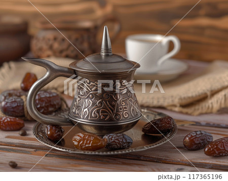 Dallah is a metal pot with a long spout designed specifically for making Arabic coffee. Dallah is a metal pot with a long spout designed specifically for making Arabic coffee. 117365196