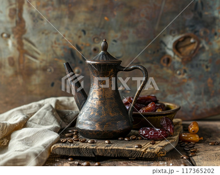 Dallah is a metal pot with a long spout designed specifically for making Arabic coffee. Dallah is a metal pot with a long spout designed specifically for making Arabic coffee. 117365202