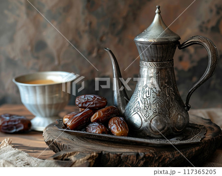 Dallah is a metal pot with a long spout designed specifically for making Arabic coffee. Dallah is a metal pot with a long spout designed specifically for making Arabic coffee. 117365205