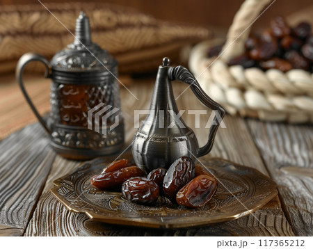Dallah is a metal pot with a long spout designed specifically for making Arabic coffee. 117365212