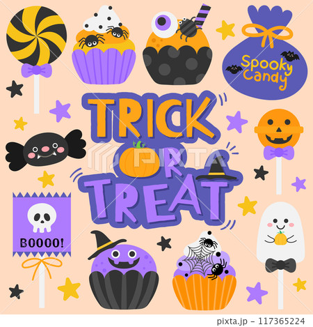 Kid hand drawn cute trick or treat candy happy halloween elements Kid hand drawn cute trick or treat candy happy halloween elements 117365224